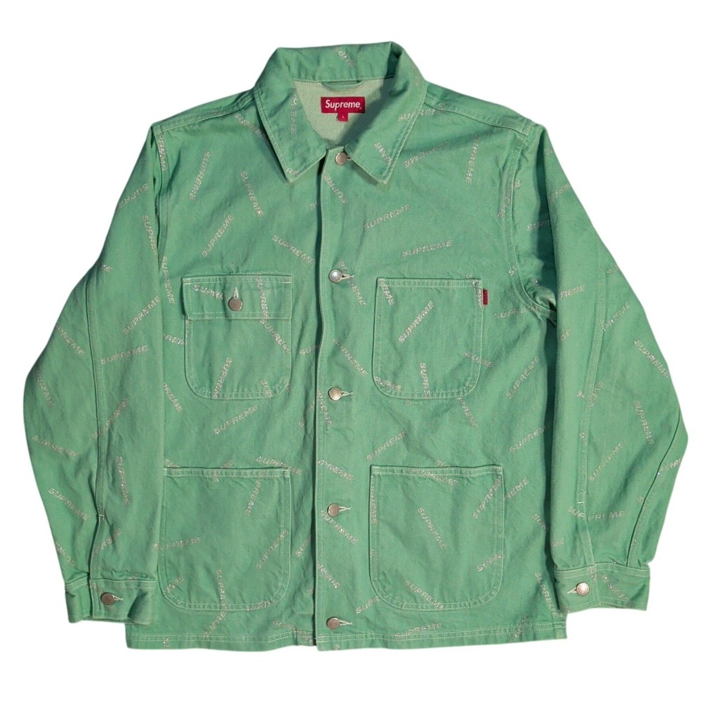 SUPREME Chore Jacket Mens Size L Denim Logo Glitter Dimensions Pattern Skater